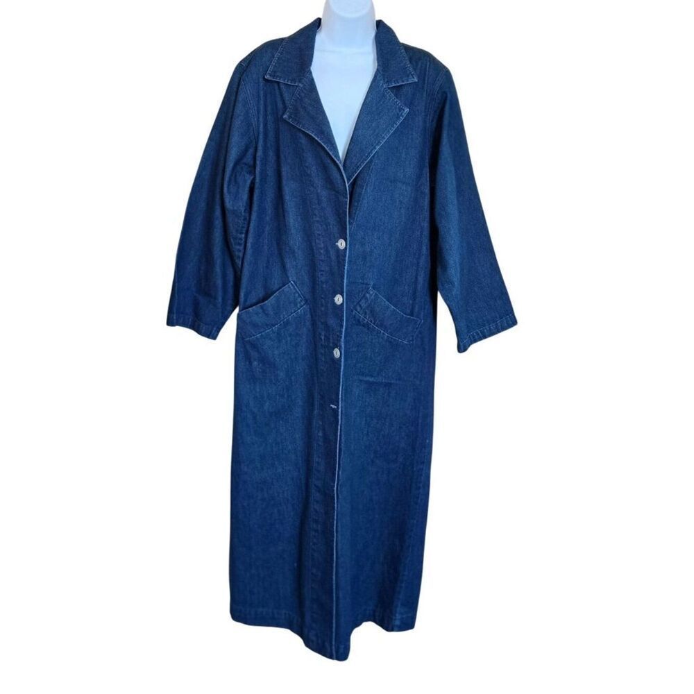 Vintage Wildflower Long Denim Coat dark wash Maxi length boho biker chic academi